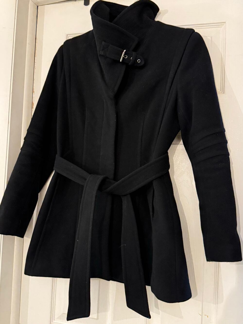 Marc New York Andrew Marc Black Wool Belted Coat with Buckled High Collar Size 4